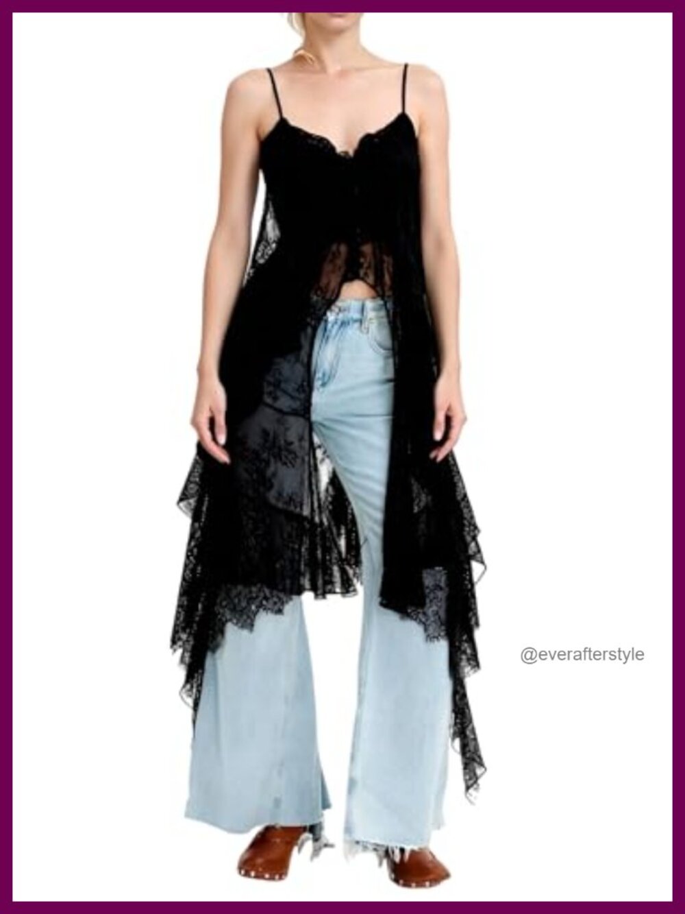 Women Boho Lace Spaghetti Strap Sheer Long Cami Layering Top